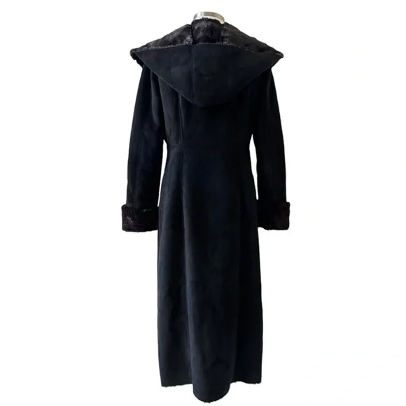 Calvin Klein Black Faux Shearling and Fur Long Hooded Coat Size Small